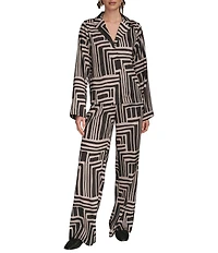 Donna Karan Coordinating Printed Satin Back Crape Notch Collar Long Sleeve Button Front Shirt
