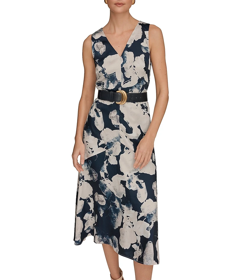 Donna Karan Printed Twill V-Neck Sleeveless Fit & Flare Midi Dress