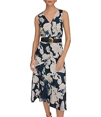 Donna Karan Printed Twill V-Neck Sleeveless Fit & Flare Midi Dress