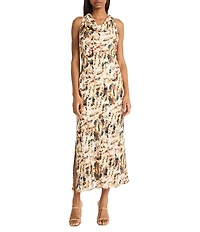 Donna Karan Printed Woven Cowl Neck Sleeveless Column Midi Dress