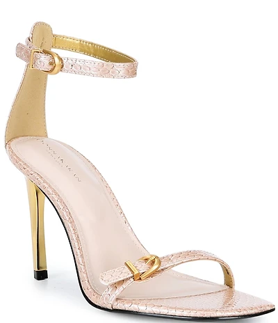 Donna Karan Pryce Snake Print Patent Ankle Strap Dress Sandals