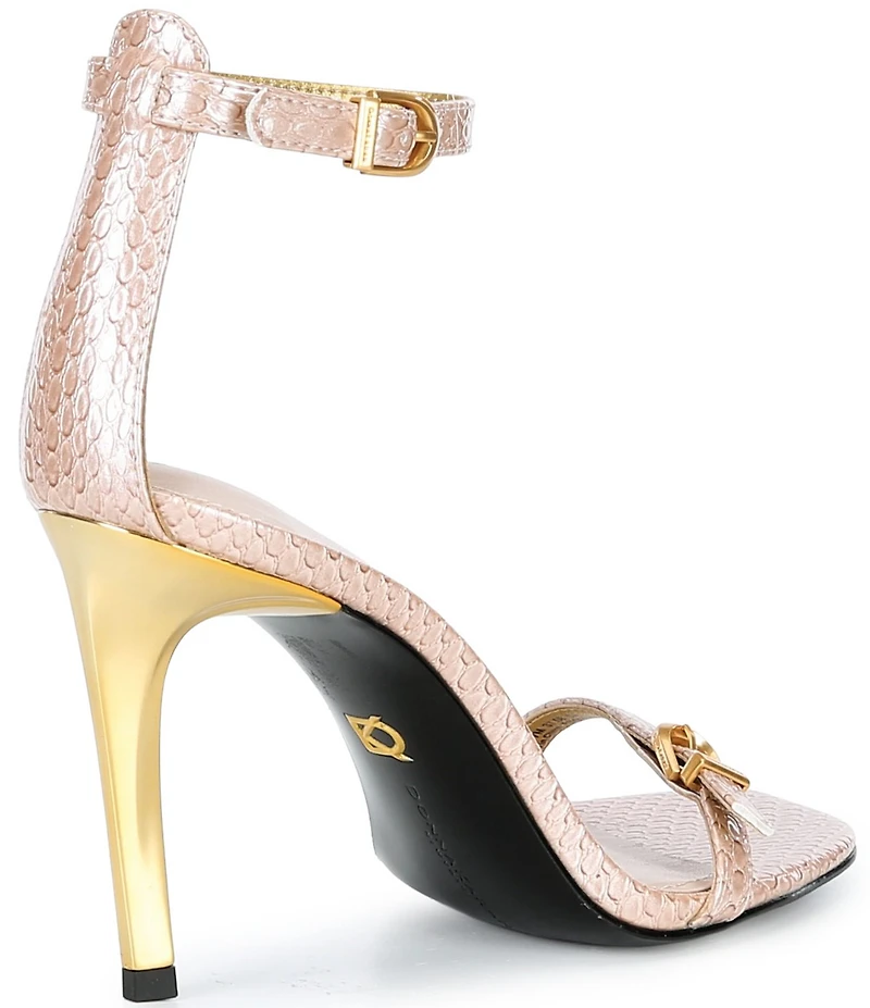 Donna Karan Pryce Snake Print Patent Ankle Strap Dress Sandals