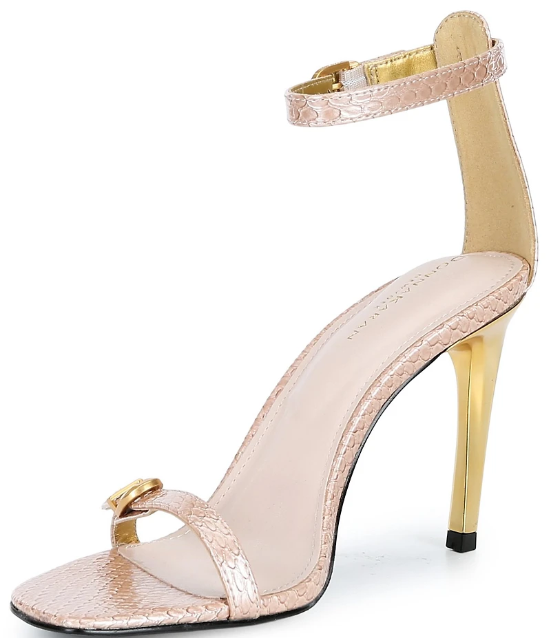Donna Karan Pryce Snake Print Patent Ankle Strap Dress Sandals