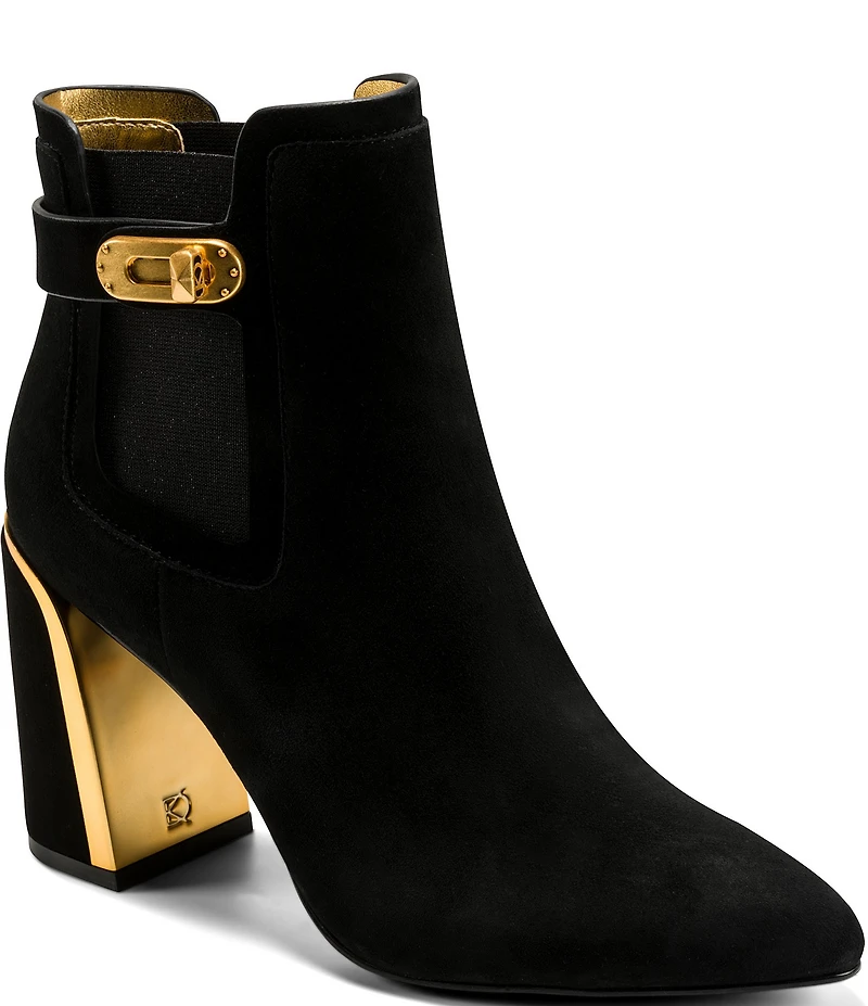 Donna Karan Raine Suede Turnlock Hardware Block Heel Booties