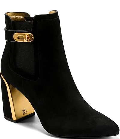 Donna Karan Raine Suede Turnlock Hardware Block Heel Booties