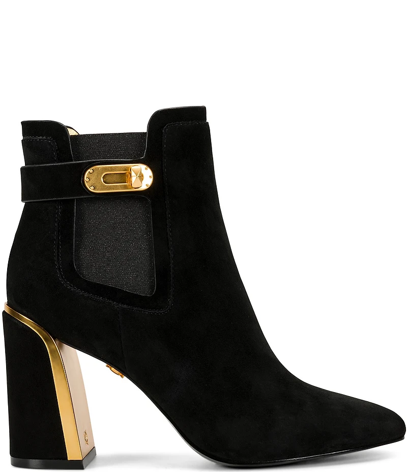 Donna Karan Raine Suede Turnlock Hardware Block Heel Booties