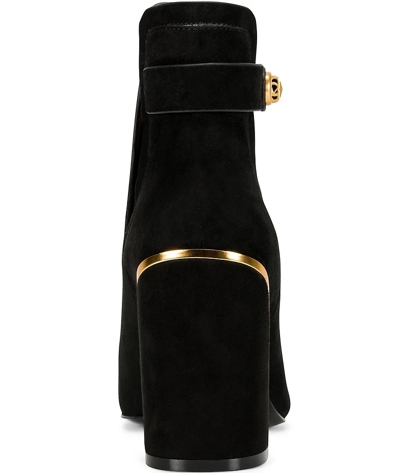 Donna Karan Raine Suede Turnlock Hardware Block Heel Booties