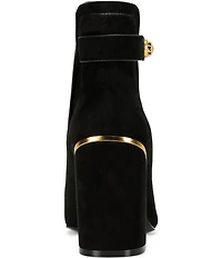 Donna Karan Raine Suede Turnlock Hardware Block Heel Booties