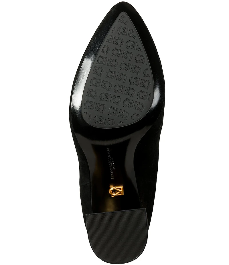 Donna Karan Raine Suede Turnlock Hardware Block Heel Booties