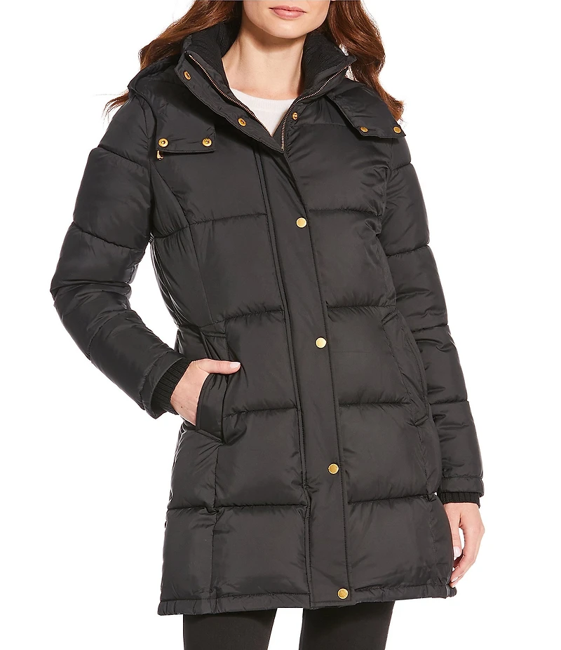 Donna Karan Rib Knit Stand Collar Hooded Snap Front Puffer Coat