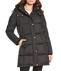 Donna Karan Rib Knit Stand Collar Hooded Snap Front Puffer Coat