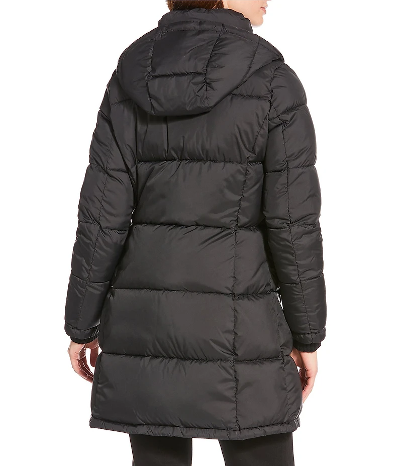 Donna Karan Rib Knit Stand Collar Hooded Snap Front Puffer Coat