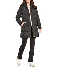 Donna Karan Rib Knit Stand Collar Hooded Snap Front Puffer Coat