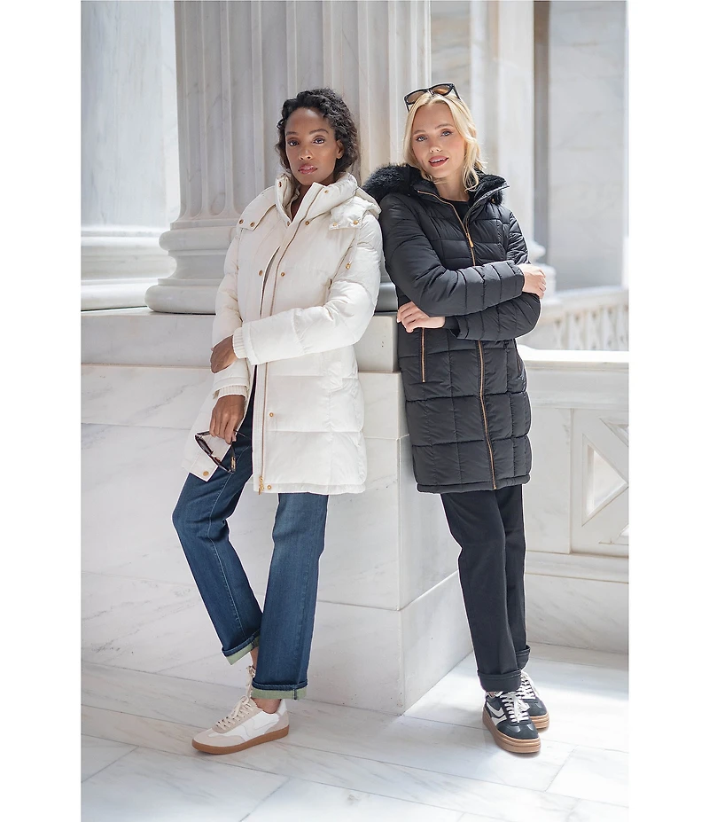 Donna Karan Rib Knit Stand Collar Hooded Snap Front Puffer Coat