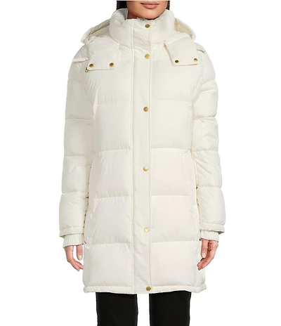 Donna Karan Rib Knit Stand Collar Hooded Snap Front Puffer Coat