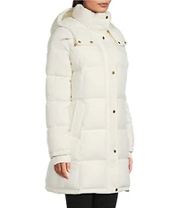 Donna Karan Rib Knit Stand Collar Hooded Snap Front Puffer Coat