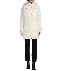 Donna Karan Rib Knit Stand Collar Hooded Snap Front Puffer Coat