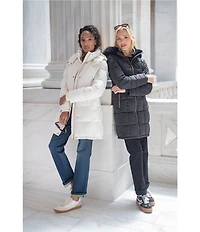 Donna Karan Rib Knit Stand Collar Hooded Snap Front Puffer Coat