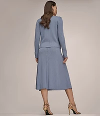 Donna Karan Ribbed Wool Blend Boat Neck Long Sleeve Button Embellished Top