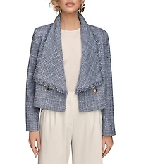 Donna Karan Ribbon Tweed Fringe Cropped Double Breasted Jacket