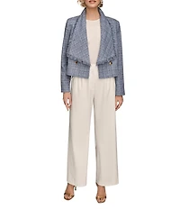 Donna Karan Ribbon Tweed Fringe Cropped Double Breasted Jacket