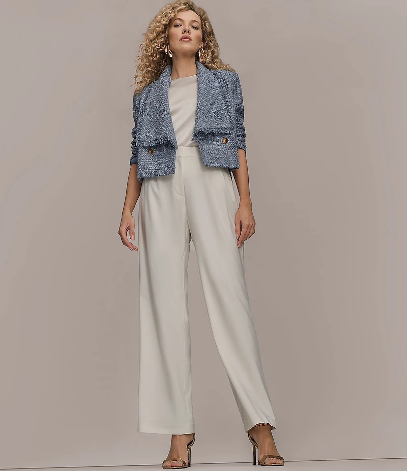 Donna Karan Ribbon Tweed Fringe Cropped Double Breasted Jacket