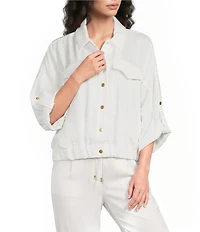 Donna Karan Ripple Twill Point Collar Roll Tab Dolman Sleeve Cinch Hem Snap Front Top