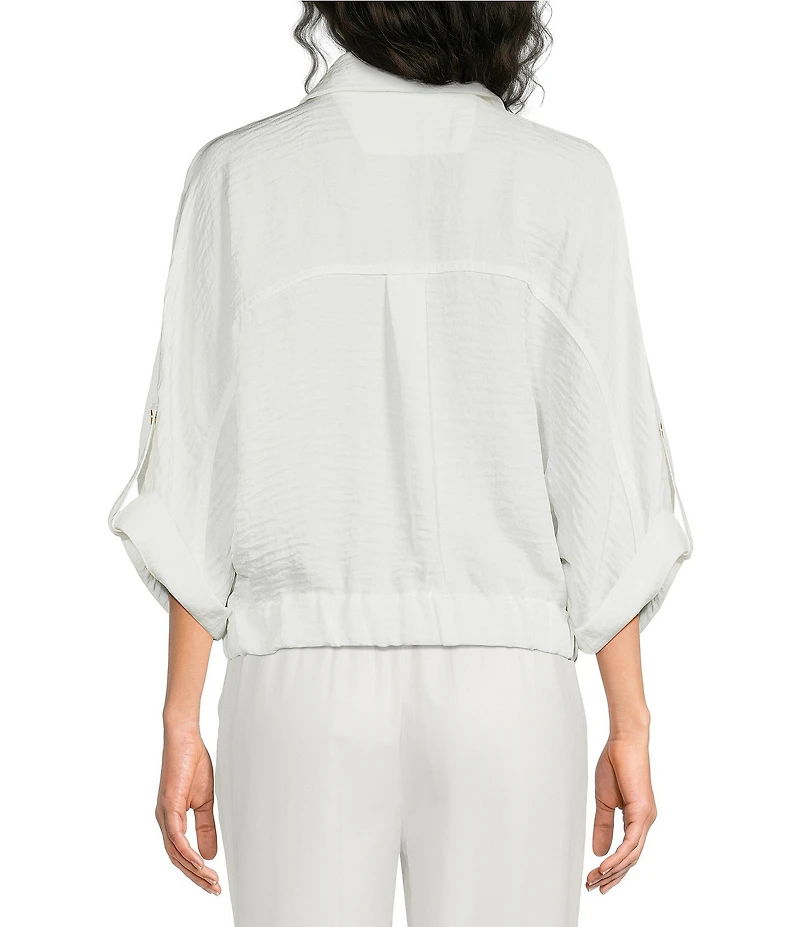 Donna Karan Ripple Twill Point Collar Roll Tab Dolman Sleeve Cinch Hem Snap Front Top