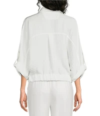 Donna Karan Ripple Twill Point Collar Roll Tab Dolman Sleeve Cinch Hem Snap Front Top