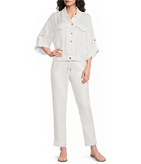 Donna Karan Ripple Twill Point Collar Roll Tab Dolman Sleeve Cinch Hem Snap Front Top
