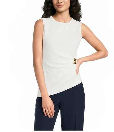 Donna Karan Round Neck Sleeveless Ruched Side Hardware Top