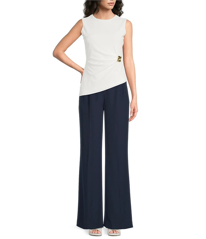Donna Karan Round Neck Sleeveless Ruched Side Hardware Top