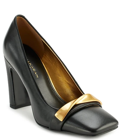 Donna Karan Sabina Leather Twist Bar Hardware Square Toe Pumps