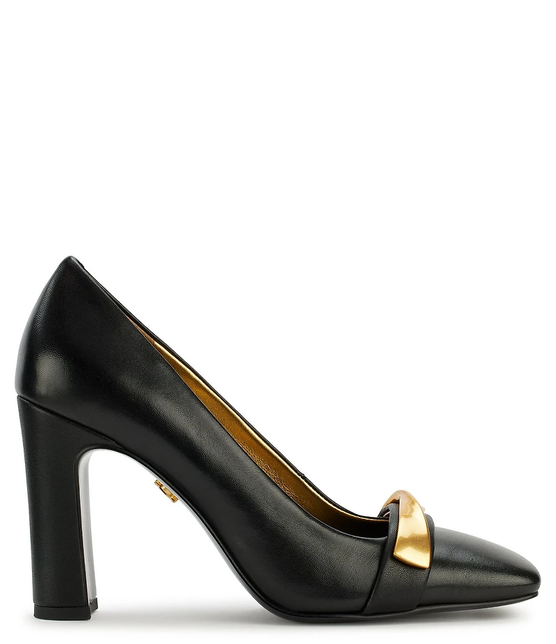 Donna Karan Sabina Leather Twist Bar Hardware Square Toe Pumps