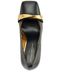 Donna Karan Sabina Leather Twist Bar Hardware Square Toe Pumps