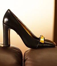 Donna Karan Sabina Leather Twist Bar Hardware Square Toe Pumps