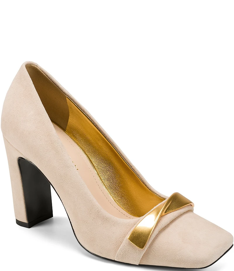 Donna Karan Sabina Suede Twist Bar Hardware Square Toe Pumps