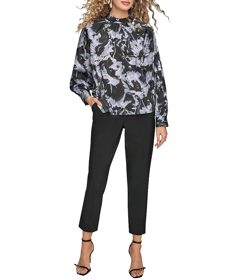 Donna Karan Satin Back Crepe Button Floral Print Embellished Gathered Mock Neck Long Sleeve Blouse