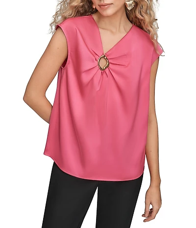 Donna Karan Satin Back Crepe Cap Sleeve Gold Hardware Keyhole Blouse