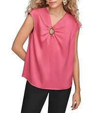 Donna Karan Satin Back Crepe Cap Sleeve Gold Hardware Keyhole Blouse