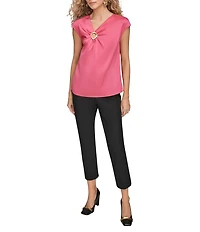 Donna Karan Satin Back Crepe Cap Sleeve Gold Hardware Keyhole Blouse