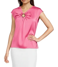 Donna Karan Satin Back Crepe Cap Sleeve Gold Hardware Keyhole Blouse