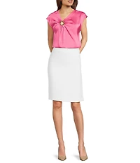 Donna Karan Satin Back Crepe Cap Sleeve Gold Hardware Keyhole Blouse