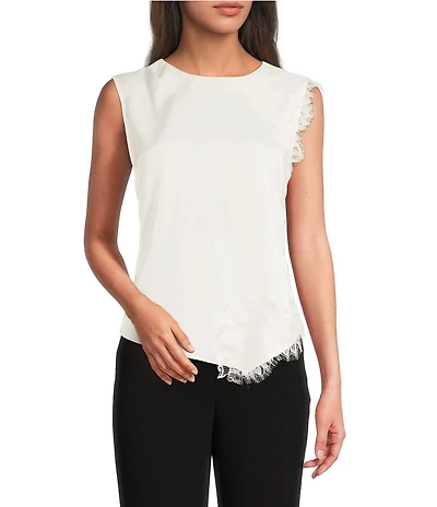 Donna Karan Satin Back Crepe Crew Neck Sleeveless Asymmetric Lace Trimmed Blouse