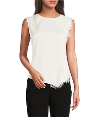 Donna Karan Satin Back Crepe Crew Neck Sleeveless Asymmetric Lace Trimmed Blouse