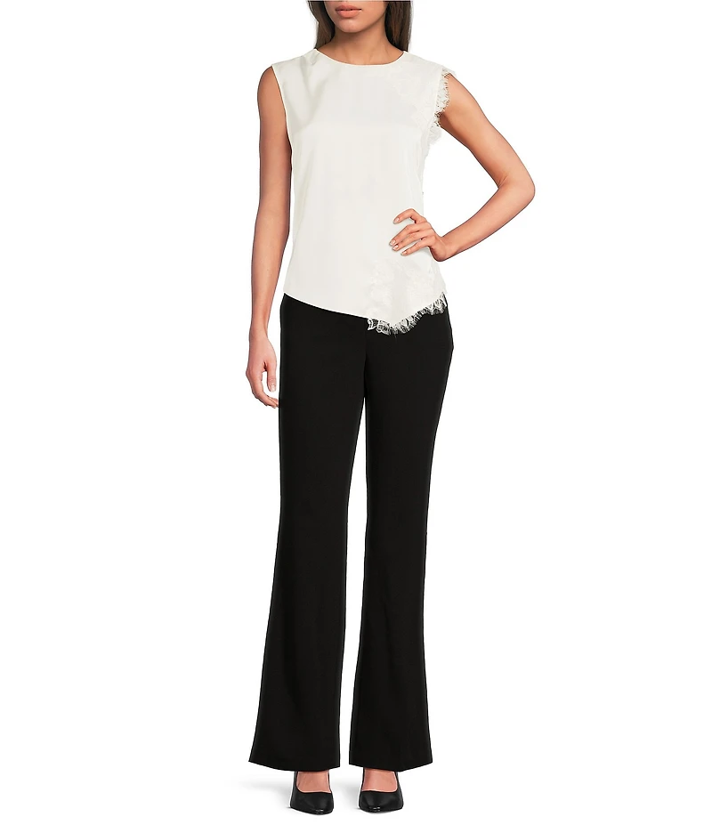 Donna Karan Satin Back Crepe Crew Neck Sleeveless Asymmetric Lace Trimmed Blouse