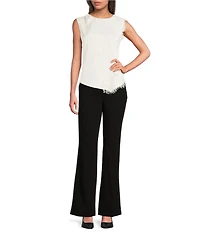 Donna Karan Satin Back Crepe Crew Neck Sleeveless Asymmetric Lace Trimmed Blouse
