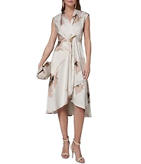 Donna Karan Satin Back Crepe Floral V-Neck Sleeveless Faux Wrap Midi Dress