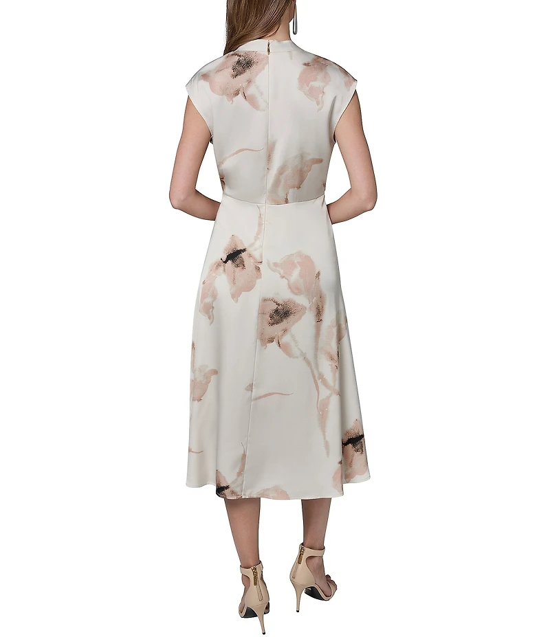 Donna Karan Satin Back Crepe Floral V-Neck Sleeveless Faux Wrap Midi Dress