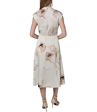 Donna Karan Satin Back Crepe Floral V-Neck Sleeveless Faux Wrap Midi Dress